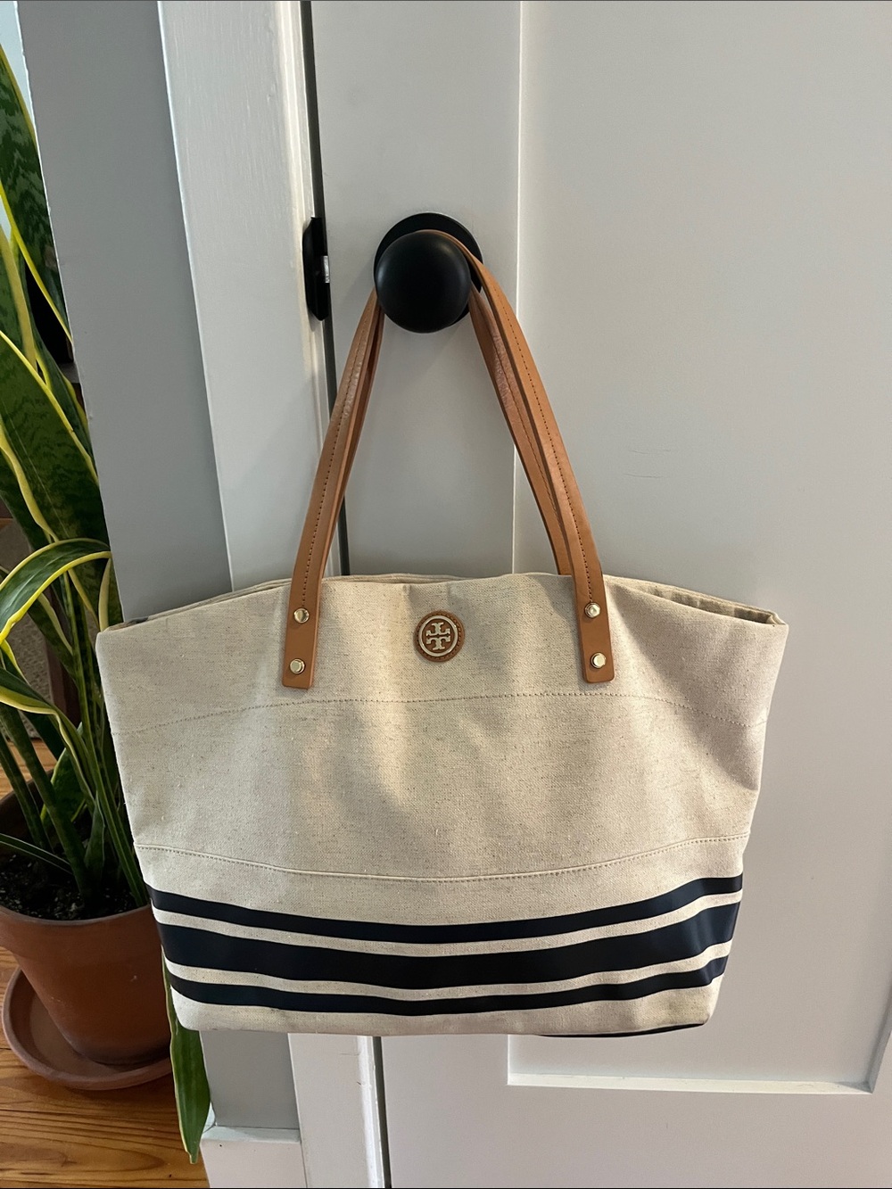 Tory Burch Theresa Canvas Tote Bag Cream Navy Stripe Tan Leather Handles